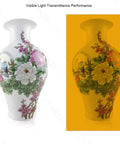 Comparison of vase under regular and tinted light showing visible light transmittance performance.