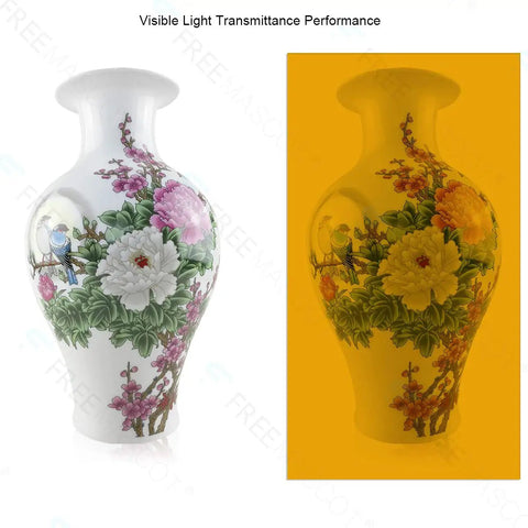 Comparison of vase under regular and tinted light showing visible light transmittance performance.