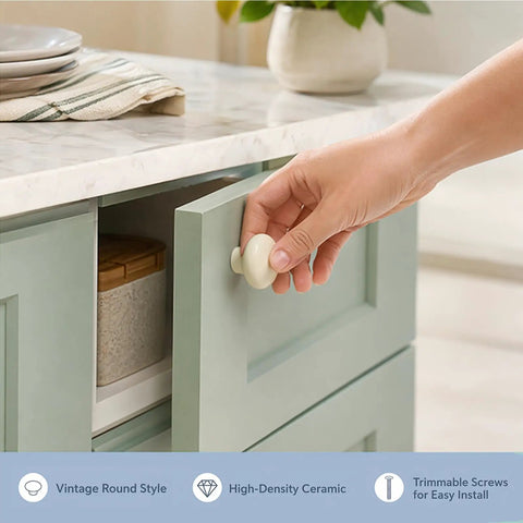 Upgrade Your Cabinets With This Sweet Set Of Sixteen Coral Pink Ceramic Cabinet Knobs Featuring Smooth Round Profiles No Sweat Installation And Top Shelf Hardware. Hand reaching for a vintage round ceramic knob on a mint green cabinet.