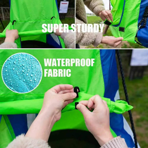 Close-up of hands adjusting the waterproof fabric of a swing tent cover for a 40-inch round saucer disc hammock chair.