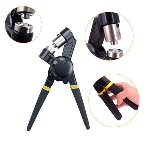 Workhorse All In One Grommet Tool Kit With Two Dies For Ten And Five Point Five Millimeter Grommets, hand using press plier