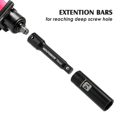 3/8 Inch Drive Deep Impact Socket Set 6-Point 49 Piece SAE And Metric Sizes shown with extension bar in use.