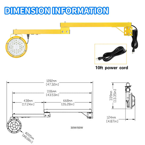Tough As Nails 30W LED Loading Dock Light With 43 Inch Swivel Arm 3300 Lumen Blazing Output dimensions diagram with yellow arm and 10ft power cord.