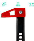 Close-up of red bumper jack head with serrated lever on black steel rail