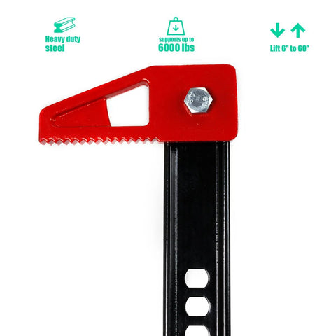 Close-up of red bumper jack head with serrated lever on black steel rail