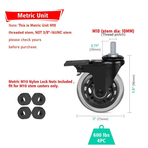 Tough As Nails Heavy Duty Lockable Swivel Caster Wheel With M10 X20MM Threaded Stem, 3-inch, polyurethane material, includes lock nuts.