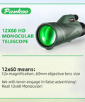 Pankoo 12x60 HD Monocular Telescope with 60mm objective lens, perfect for adults, ideal for bird watching, hiking, sports, travel.