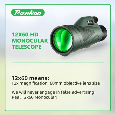 Pankoo 12x60 HD Monocular Telescope with 60mm objective lens, perfect for adults, ideal for bird watching, hiking, sports, travel.