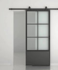 30 Inch By 84 Inch Frosted Glass Barn Door With Black Steel Frame And Three Quarter Lite Panels Ships Fully Preassembled