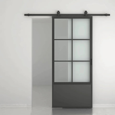 30 Inch By 84 Inch Frosted Glass Barn Door With Black Steel Frame And Three Quarter Lite Panels Ships Fully Preassembled