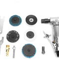 Industrial Grade Pneumatic Die Grinder With 90 Degree Bend featuring grinding discs and tools for metalworking and woodworking