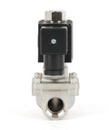 Front view of Beefed Up Stainless Steel Solenoid Valve Half Inch With 110 Or 120 Volt AC Normally Open Pilot Operated Four Point Four To Two Hundred Thirty Two PSI Viton Seal For High Flow Systems.
