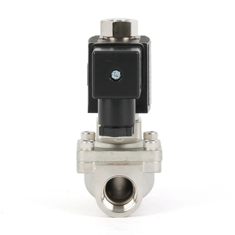 Front view of Beefed Up Stainless Steel Solenoid Valve Half Inch With 110 Or 120 Volt AC Normally Open Pilot Operated Four Point Four To Two Hundred Thirty Two PSI Viton Seal For High Flow Systems.