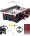 Rock Solid Mini Table Saw And Belt Sander Combo Featuring 200 Watt Copper Motor With Seven Speed Gears showing tools and parts.
