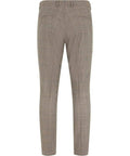 Back view of beige plaid trousers with pockets and belt loops.