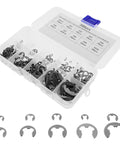 Stainless Steel Retaining Rings Kit With Easy Removal Clips Wear Resistant Snap Rings Assortment In 10 Sizes From 1.5mm To 10mm In A Durable Plastic Storage Box For Professional Projects And Routine Maintenance, assorted rings in plastic box