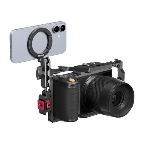 Aluminum Magnetic Phone Tripod Mount MA56 With 1/4 Inch Screw And Arca Base attached to camera cage with smartphone holder