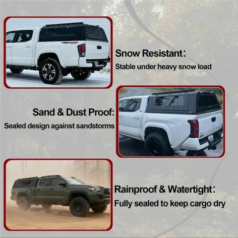Hard Shell Truck Cap Camper Topper With Locking T Handle Security under different weather conditions on pickup truck.