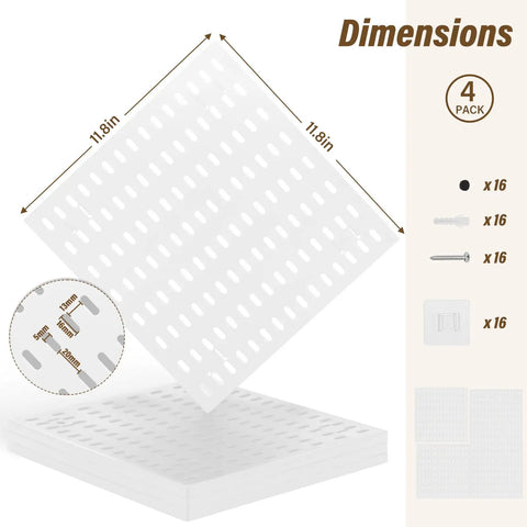 Modular Plastic Pegboard Wall Organizer 4 Pack 12x12 Inch Panels features four white pegboards with dimensions and accessories.