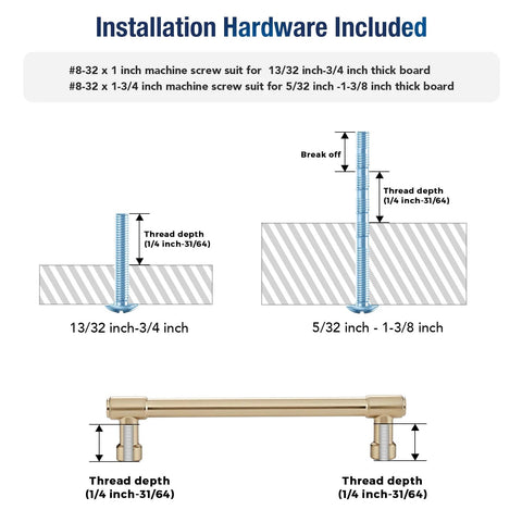 Installation hardware and dimensions for 10 Pack 6 Inch Champagne Bronze Cabinet Handles Stainless Steel Modern Dresser Drawer Pulls.