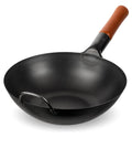 Flat Bottom Carbon Steel Wok Pan 11.8 Inch Pre Seasoned For Stir Fry And Outdoor Cooking featuring wooden handle in close-up