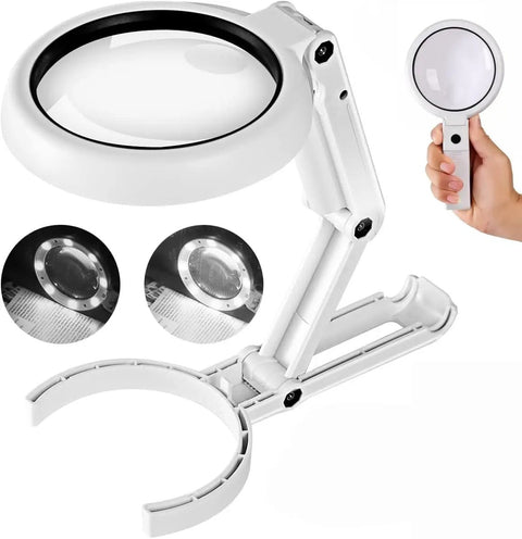 Lighted Desk Magnifier With Stand and Foldable Arm, 3.5x Primary Lens Plus 10x Loupe, LED Brightness Adjustable for seniors.