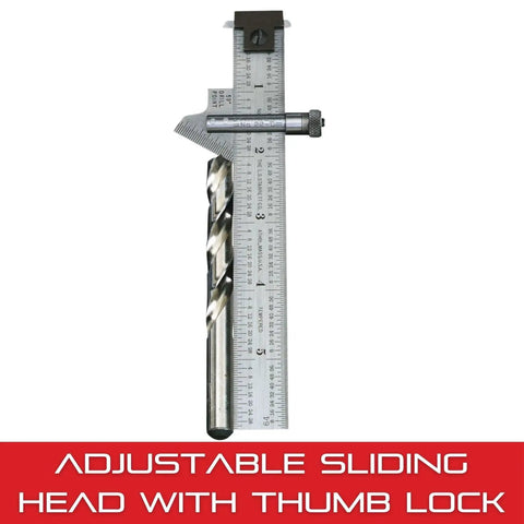 Drill Point Gauge 22C Top Notch Precision Stainless Steel Measuring Tool with adjustable bevel and calibrated scale with drill bit.