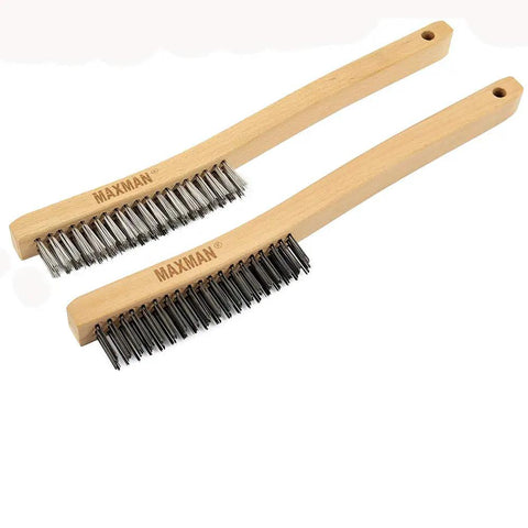 Heavy Duty Wire Brush Set With 14 Inch Beech Wood Handles For Beating Rust And Paint Removal, Grill Cleaning, Welding Slag And Tough Metal Cleanup, Carbon Steel And Stainless Bristle Brushes, 2 Pack, showing two brushes angled diagonally.