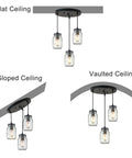 Industrial Mason Jar Pendant Lights for Kitchen Island shown on flat, sloped, and vaulted ceilings, highlighting versatility.