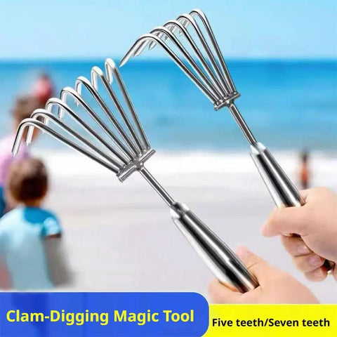 Stainless Steel Lawn Rake With Ergonomic Long Handle for weeding and leaf clearing on a sunny beach
