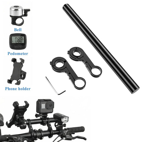 11.81 Inch Aluminum Bike Handlebar Extender Mount Bar Riser for 0.875 to 1.26 Inch Bars with bell, pedometer, and phone holder