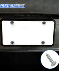 Top Shelf Car License Plate Screw Kit Featuring Hella Tough Self Tapping Bolts And Dependable Fasteners For Zero Hassle Front Rear Vehicle Mounting In Glossy Silver with installed plate and screw.