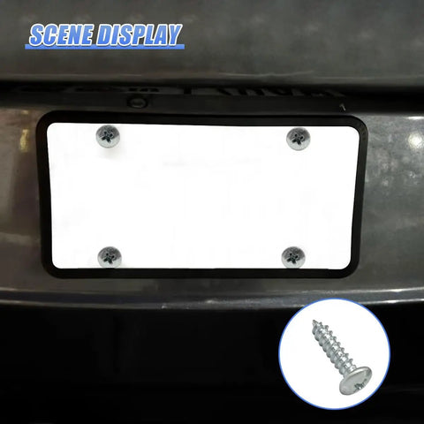 Top Shelf Car License Plate Screw Kit Featuring Hella Tough Self Tapping Bolts And Dependable Fasteners For Zero Hassle Front Rear Vehicle Mounting In Glossy Silver with installed plate and screw.