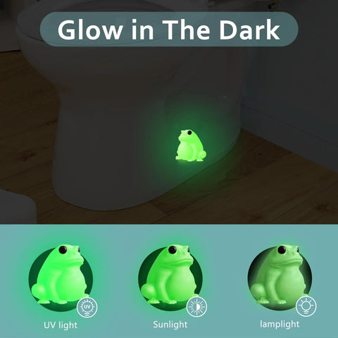Frog Toilet Bolt Covers Glow In The Dark 2 Pack Luminous Green PLA Push On Screw Caps in use, showing glow effect under toilet.