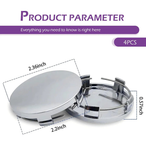 Four Pack Universal Snap In Wheel Center Hub Caps In Matte Silver Sheen Heavy Duty Polymer Shell with dimensions 2.36" and 2.2".