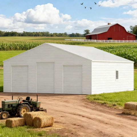 Heavy Duty Steel Barn Garage With Roll Top Metal Doors For Trucks Tractors Rvs Atvs And Workhorses Storage Shelter in a rural setting