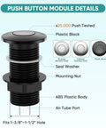 Garbage Disposal Air Switch Kit With Sink Top Push Button For Waste Disposer Up To 2HP Safe With Wet Hands UL Certified Power Module Easy To Install Black Finish Quiet Reliable Kitchen Upgrade with black plastic push button module and ABS body.
