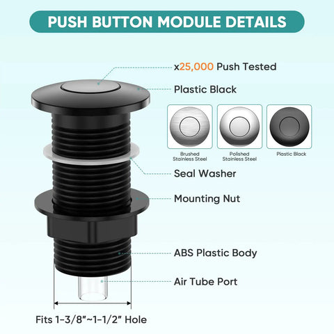 Garbage Disposal Air Switch Kit With Sink Top Push Button For Waste Disposer Up To 2HP Safe With Wet Hands UL Certified Power Module Easy To Install Black Finish Quiet Reliable Kitchen Upgrade with black plastic push button module and ABS body.