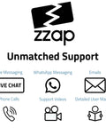 Zzap unmatched support services including live chat, WhatsApp, email, calls, videos, manuals.