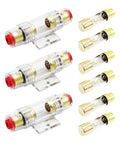 Heavy Duty AGU Fuse Holder Kit, Complete Set Of Three Inline Blocks With Six Genuine 100 Amp Car Audio Fuses on a white background.