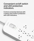 Close-up of white 12 Outlet Surge Protector Power Strip With 12 AC Outlets, 2 USB A Ports And 1 USB C Port showing on/off switch and LED lights.