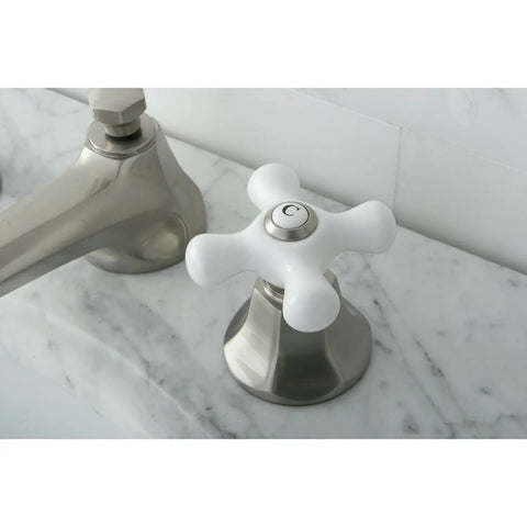 New York 8 to 16 Inch Widespread Lavatory Faucet With Brass Pop Up Drain No Drip Ceramic Disc Cartridge Satin Nickel Finish