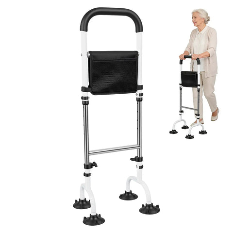 Stand Assist Rail for Elderly and Seniors, Quad Cane Mobility Aid with Four Point Support, shown with elderly woman using aid