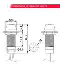 Tough As Nails 8mm Waterproof LED Metal Status Indicator Light prewired size diagram, 10mm body and 8mm hole, side view