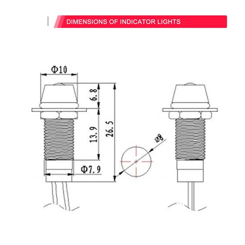 Tough As Nails 8mm Waterproof LED Metal Status Indicator Light prewired size diagram, 10mm body and 8mm hole, side view