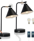 Sleek Black Dimmable Nightstand Lamp With USB Ports And AC Outlet, Industrial Metal Bedside Light, Set of 2 with bulbs