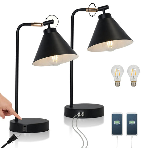 Sleek Black Dimmable Nightstand Lamp With USB Ports And AC Outlet, Industrial Metal Bedside Light, Set of 2 with bulbs