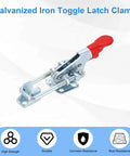 2 Pack Toggle Latch Clamp 40323 Heavy Duty Adjustable M5 X 30mm Quick Release 400lbs Holding Capacity Galvanized Iron Clamp for Smoker Lids Jigs Tool Boxes Cases, open view with red handle