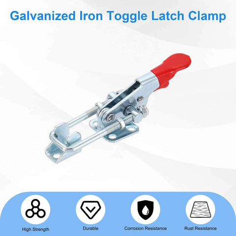 2 Pack Toggle Latch Clamp 40323 Heavy Duty Adjustable M5 X 30mm Quick Release 400lbs Holding Capacity Galvanized Iron Clamp for Smoker Lids Jigs Tool Boxes Cases, open view with red handle