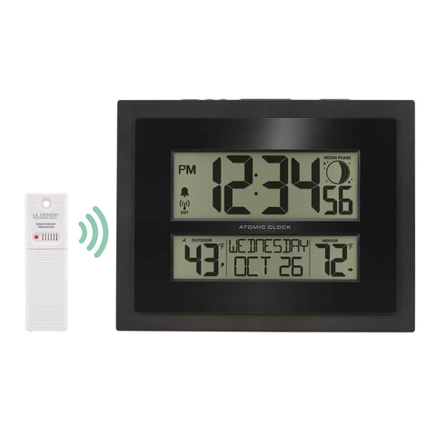 Digital Atomic Clock With Outdoor Temperature And Moon Phase Auto Time Sync Large Two Inch Digits Twelve Or Twenty Four Hour Display DST Auto Seven Time Zones No Fuss Setup Black Wall Or Desk Clock For Home And Office with sensor